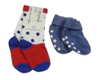 2x ponožky - modré melírované s hvězdami + bílo-červené s puntíky