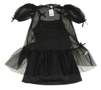 Nové - Černé puntíkaté tylové šaty + všité lehké šaty Next