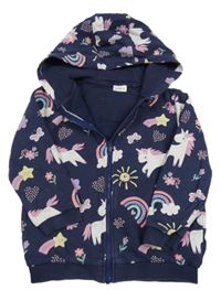 Tmavomodrá propínací mikina s jednorožci, duhami a kapucí F&F