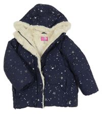 Tmavomodrá šusťáková zimní bunda s hvězdičkami a kapucí Joules