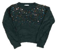 Tmavozelený chlupatý svetr s flitry Primark 