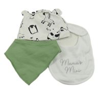 3set - Bílá čepice se zvířátky + bílý bryndák + zelený slinták