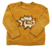 Medový trblietavý žinylkový sveter s nápisem z flitrů