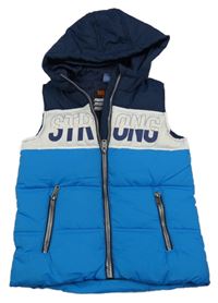 Azurovo-tmavomodro-bílá šusťáková prošívaná zateplená vesta s kapucí Dopodopo