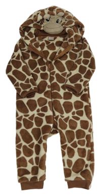 Hnědo-smetanová plyšová kombinéza s kapucí - žirafa
