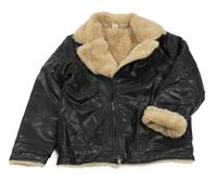 Čierny koženkový zateplený krivák s golierikom SHEIN