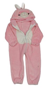 Kostým - Růžovo-bílá plyšová kombinéza s kapucí - zajíček 