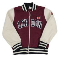 Vínovo-smetanová propínací teplá mikina s nápisem a vlajkou a pruhy 