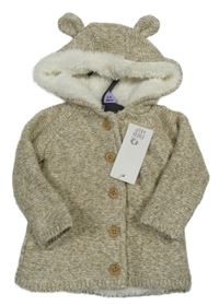 Nové - hnědo-bílý melírovaný propínací zateplený svetr s kapucí s oušky F&F