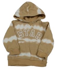 Hnedo-biela batikovaná mikina s nápisom a vreckom a kapucňou