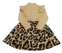 Béžovo-hnedo-čierne rebrované vzorované šaty so vzorom a volánikmi SHEIN