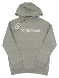 Nové - šedá melírovaná teplá mikina s logem a kapsou a kapucí hummel