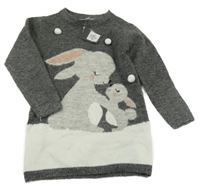 Nové - tmavošedo-bílé melírované svetrové šaty s králíčky a bambulkami PRIMARK