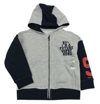 Nové - šedo-tmavomodrá melírovaná propínací teplá mikina s nápisy a číslem a kapucí ORCHESTRA