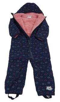 Tmavomodrá softshelllová zateplená kombinéza s kočičkami a srdiečkami a kapucňou Topomini