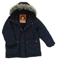 Tmavomodrá šusťáková zimní bunda s kapucí s kožešinou Next