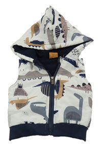 Biela šušťáková zateplená vesta s dinosaurami a kapucňou