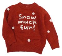 Tehlový sveter s nápisom a bambulkami Tu