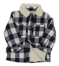 Tmavomodro-biela kockovaná zateplená košeľová bunda Tu