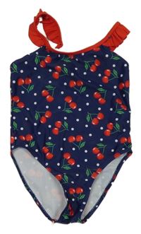 Tmavomodro-červené jednodílné plavky s třešněmi 