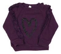 Fialový rebrovaný ľahký sveter so srdcem a volánikmi shein