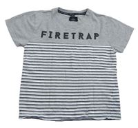 Sivo-bielo-čierne tričko s pruhmi a nápisom Firetrap