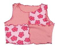 Ružový rebrovaný crop top s kvetmi Shein