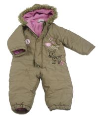 Khaki šusťáková zimní kombinéza s jelínkem a kapucí s kožešinou Topolino