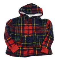 Červeno-tmavomodro-žltá kockovaná plyšová oversize mikina s kapucňou