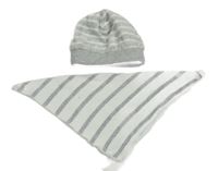 2set - šedo-bílá pruhovaná sametová čepice + pruhovaný slinták 