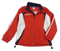 Červeno-tmavomodro-biela šušťáková športová bunda s nápisom