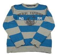 Sivo-modrý pruhovaný sveter s vlkem a nápismi Pepperts