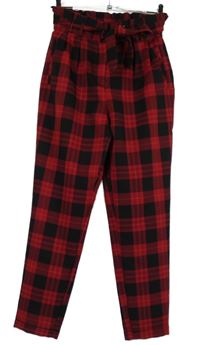 Dámské červeno-černé kostkované paperbag kalhoty s páskem Primark 