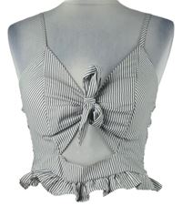 Dámský šedo-bílý proužkovaný crop top s mašlí 