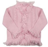 Ružový prepínaci sveter s strapcemi a copánkovým vzorom