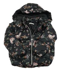Čierna kvetinová šušťáková zimná bunda s jednorožcami a kapucňou zn. H&M