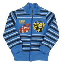 Modro-čierno-biela pruhovaná prepínaci mikina s autom a nápisom