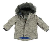 Béžová šusťáková zimní bunda s dinosaury a kapucí Next