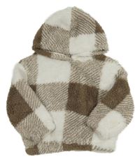 Hnedo-biela kockovaná chlpatá mikina s kapucňou Shein