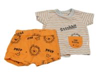 2 set - šedo-oranžové pruhované tričko + oranžové kraťasy se lvíčky Babybol