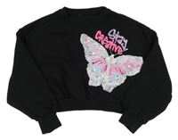Černá crop mikina s třpytivým motýlem Primark