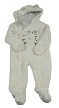 Nové - bílá huňatá podšitá kombinéza s tygrem a kapucí Primark