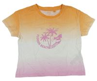 Oranžovo-bielo-ružové tónované crop tričko s nápisom