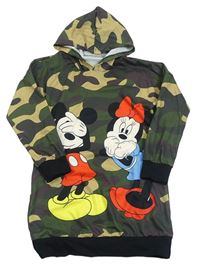 Khaki-béžová army dlouhá mikina s Mickeym a Minnií a kapucí 