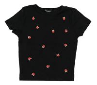 Čierne rebrované crop tričko s kvietkami New Look