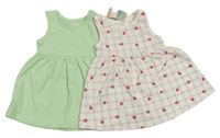 2x Světlezelené + lila-bílé kostkované bavlněné šaty s jahůdkami Primark 
