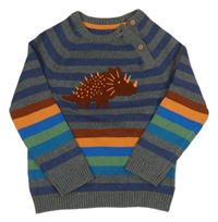 Sivo-farebný pruhovaný sveter s dinosasurem Mothercare