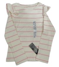 Nové - Bílo-růžové pruhované žebrované triko s volánky Dunnes