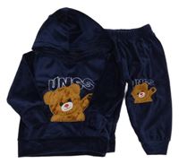2set - Tmavomodrá plyšová mikina s medvídkem a kapucí + kalhoty