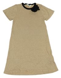 Béžovo-zlaté trblietavé úpletové šaty s mašlou H&M